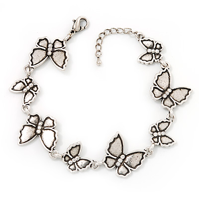 Antique Silver Butterfly Bracelet - 18cm Length & 3cm Extension - main view