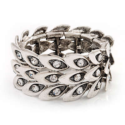 Antique Silver Vintage Crystal 'Eye' Flex Bracelet - Up to 18cm Length