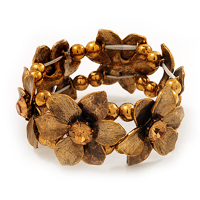 Antique Gold Flower Diamante Flex Bracelet - Up to 19cm length - main view