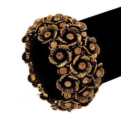 Wide Antique Gold Flower Diamante Flex Bracelet - Up to 19cm length - main view