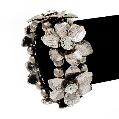 Antique Silver Flower Diamante Flex Bracelet - Up to 19cm length - main view