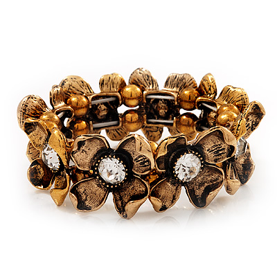 Antique Gold Floral Diamante Flex Bracelet - Up to 19cm length - main view