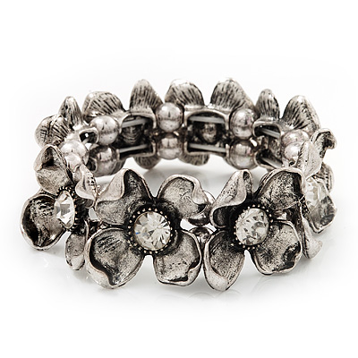 Antique Silver Floral Diamante Flex Bracelet - Up to 19cm length - main view