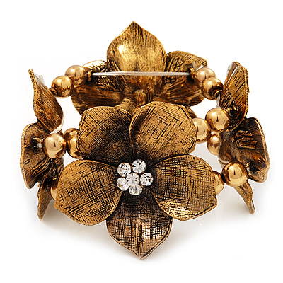 4 Large Diamante Flower Flex Bracelet In Antique Gold - up to 18cm Length - main view