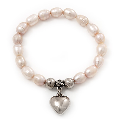 Pale Pink Freshwater Pearl Silver Metal 'Heart' Flex Bracelet (Up To 19cm Length) - main view