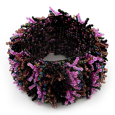 Wide Glass Bead Flex Bracelet (Black, Pink, Brown & Peacock) - up to 18cm Length - main view