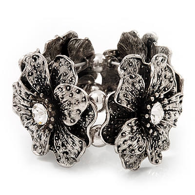 4 Large Diamante Flower Flex Bracelet In Antique Silver Metal - up to 18cm Length - main view