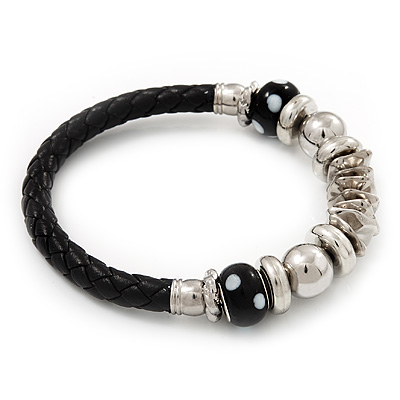 Silver Tone Metal Bead Black Leather Flex Bracelet - up to 20cm Length - main view