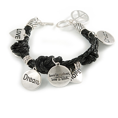 Silver Tone Metal Charm Black Leather Bracelet With Toggle Clasp - up to 18cm Length