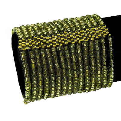 Wide Olive Green Glass Bead Flex Bracelet - up to 19cm wrist - main view
