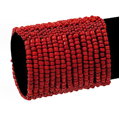 Wide Coral Red Glass Bead Flex Bracelet - up to 19cm wrist - main view