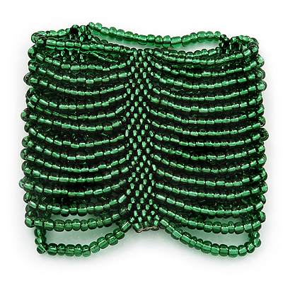Wide Green Glass Bead Flex Bracelet - up to 19cm wrist