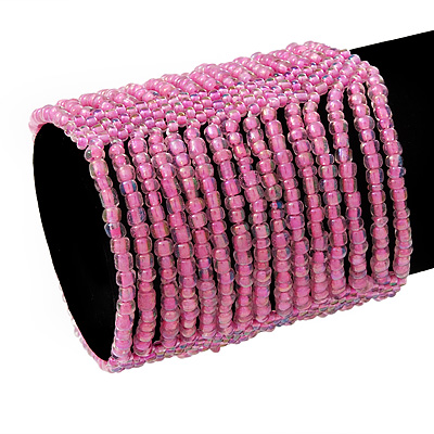 Wide Pink Glass Bead Flex Bracelet - up to 19cm wrist