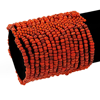 Wide Antique Orange Glass Bead Flex Bracelet - up to 19cm wrist - main view