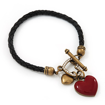 Black Leather Red Enamel Heart Charm Bracelet With T- Bar Closure - up to 19cm wrist