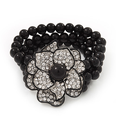 Stunning 3 Strand Black Bead Crystal Flower Stretch Bracelet - Up to 18cm Length - main view
