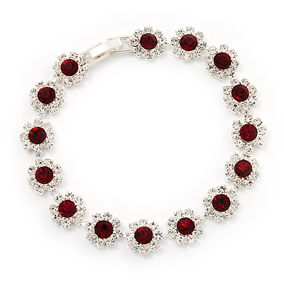 Burgundy Red/Clear Swarovski Crystal Floral Bracelet In Rhodium Plated Metal - 17cm Length - main view