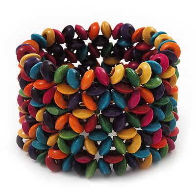Multicoloured Floral Wood Bead Bracelet - up to 19cm wrist - main view
