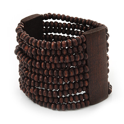 Wide Dark Brown Multistrand Wood Bead Bracelet - up to 20cm wrist - main view