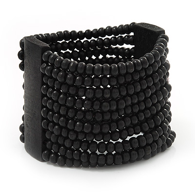 Wide Black Multistrand Wood Bead Bracelet - up to 20cm wrist - main view