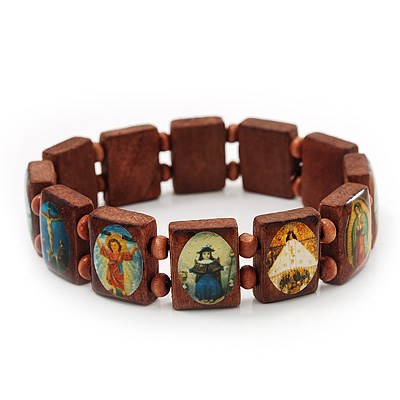 Brown Wooden Religious Images Catholic Jesus Icon Saints Stretch Bracelet - up to 20cm length - main view