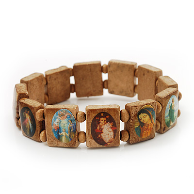 Light Brown Wooden Religious Images Catholic Jesus Icon Saints Stretch Bracelet - up to 20cm length
