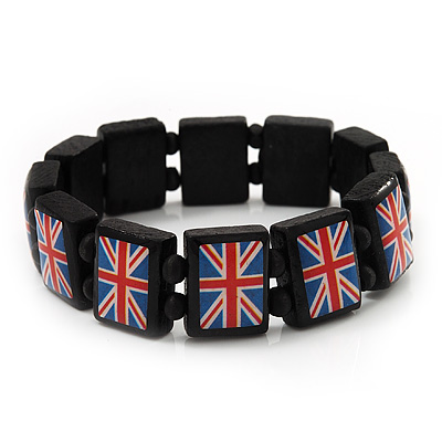 UK British Flag Union Jack Stretch Wooden Bracelet - up to 20cm length - main view