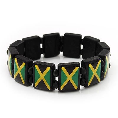 Black Wooden 'Jamaica Flag' Stretch Bracelet - up to 20cm length - main view