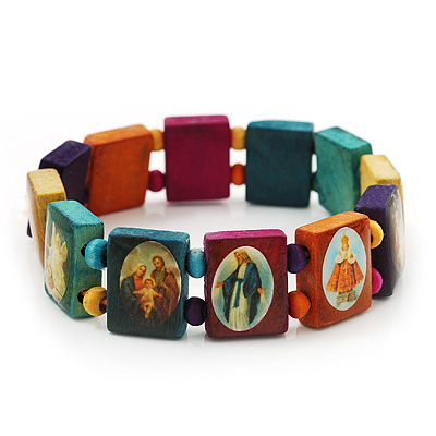 Stretch Multicoloured Wooden Saints Bracelet / Jesus Bracelet / All Saints Bracelet - Up to 20cm Length
