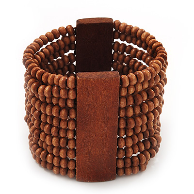 Wide Light Brown Multistrand Wood Bead Bracelet - up to 20cm wrist - main view