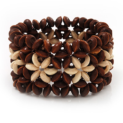 Brown Floral Wood Bead Bracelet - up to 19cm wrist - main view