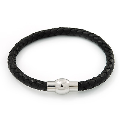 Black Leather Magnetic Bracelet - up to 20cm Length