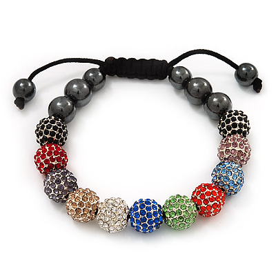 Unisex Multicoloured Crystal Balls & Smooth Round Hematite Beads Bracelet - 10mm - Adjustable - main view