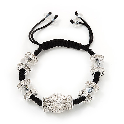 Unisex Transparent White Glass & Crystal Beads Buddhist Bracelet - 9mm - Adjustable - main view