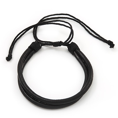 Unisex 2 Strand Black Leather Bracelet - Adjustable - main view