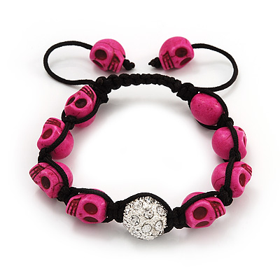 Deep Pink Skull Shape Stone Beaded Bracelet - 11mm diameter - Adjustable - main view