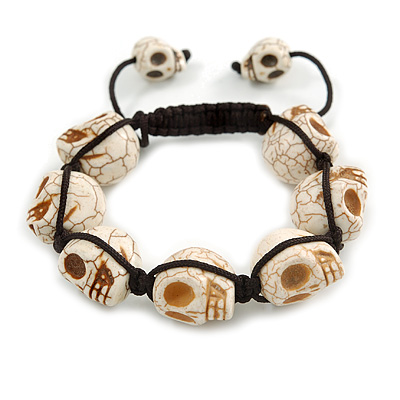 Unisex Antique White Skull Shape Stone Beads Bracelet - 17mm diameter - Adjustable - main view