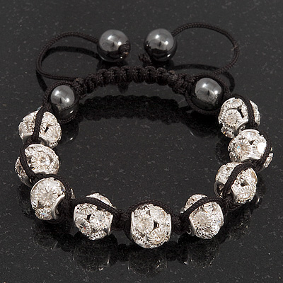 Clear Crystal Balls & Smooth Round Hematite Beads Bracelet - Adjustable - main view