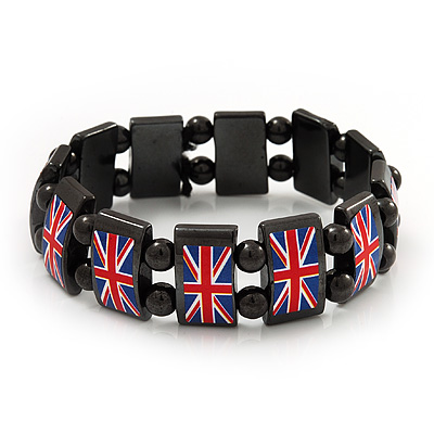 UK British Flag Union Jack Hematite Elasticated Bracelet - up to 20cm length - main view