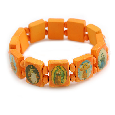 Stretch Orange Wooden Saints Bracelet / Jesus Bracelet / All Saints Bracelet - Up to 20cm Length - main view