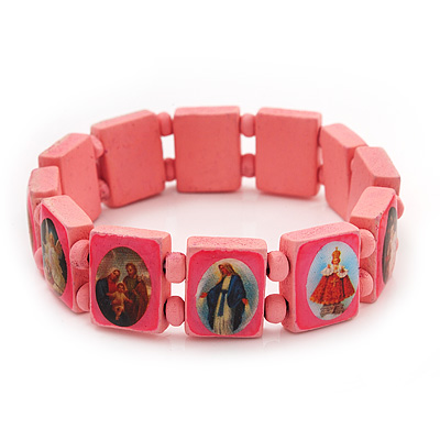 Stretch Pink Wooden Saints Bracelet / Jesus Bracelet / All Saints Bracelet - Up to 20cm Length - main view