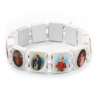 Stretch White Wooden Saints Bracelet / Jesus Bracelet / All Saints Bracelet - Up to 20cm Length - main view