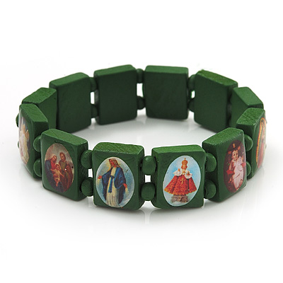 Stretch Green Wooden Saints Bracelet / Jesus Bracelet / All Saints Bracelet - Up to 20cm Length - main view