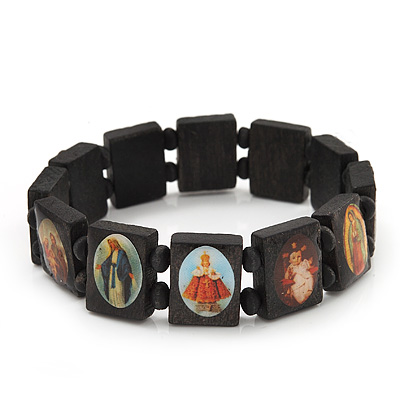Stretch Dark Brown Wooden Saints Bracelet / Jesus Bracelet / All Saints Bracelet - Up to 20cm Length - main view