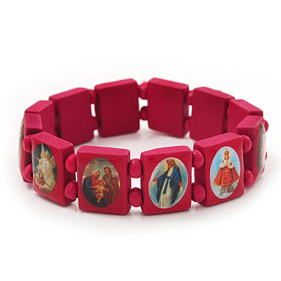 Stretch Deep Pink Wooden Saints Bracelet / Jesus Bracelet / All Saints Bracelet - Up to 20cm Length - main view