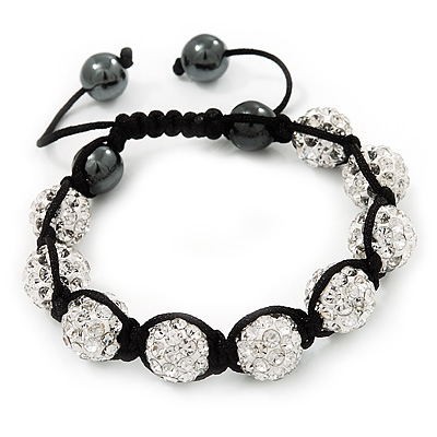 Unisex Clear Swarovski Crystal Balls & Smooth Round Hematite Beads Buddhist Bracelet - 12mm - Adjustable