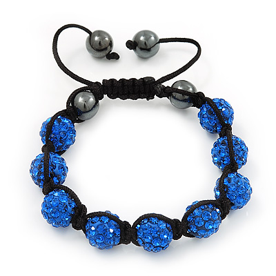 Unisex Sapphire Blue Coloured Swarovski Crystal Balls & Smooth Round Hematite Beads Buddhist Bracelet - 12mm - Adjustable