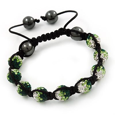Emerald Green/Grass Green/Clear Swarovski Crystal & Hematite Beaded Buddhist Bracelet - Adjustable - 10mm Diameter - main view