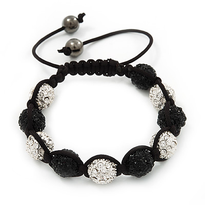 Unisex Buddhist Bracelet Crystal Black/Clear Swarovski Crystal Beads 10mm - Adjustable