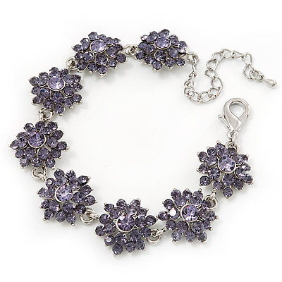 Lavender Swarovski Crystal Floral Bracelet In Rhodium Plated Metal - 16cm Length (with 5cm extension) - main view